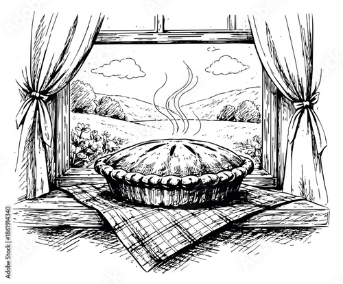 Hand drawn line art illustration of a steaming pie on a windowsill depicting a rustic landscape for home comfort