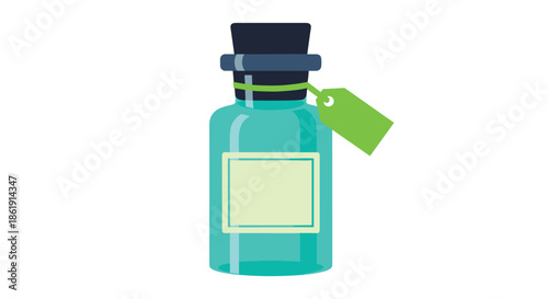 A simple flat design illustration of a small glass potion bottle with a cork stopper a blank label and a green tag on a white background.