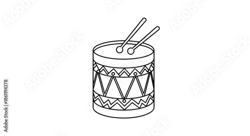 A simple black and white line art illustration of a toy drum with a decorative pattern and two drumsticks ready to be played on a white background.