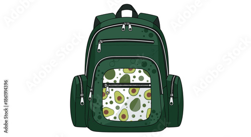 A detailed illustration of a stylish dark green school backpack with multiple zippered pockets and a cute avocado pattern on a white background.