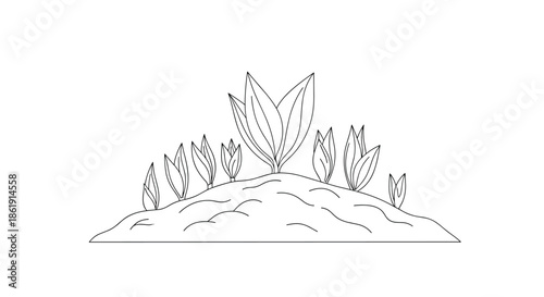 A minimalist line art illustration of young plant sprouts emerging from a mound of soil symbolizing new life growth and spring on a white background.