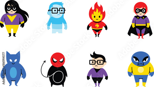 Collection of cute superhero character icons including fire boy, masked girl, and various comic book hero mascots on white background.