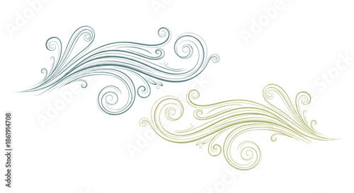 A set of two elegant vintage floral flourishes with a distressed texture in blue and green for classic decorative design elements on white.