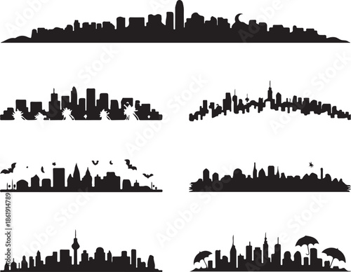 city skylines with various silhouettes and elements