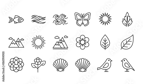 Black and white nature icon set with fish waves butterfly sun mountains flower leaf shell and bird isolated on white background