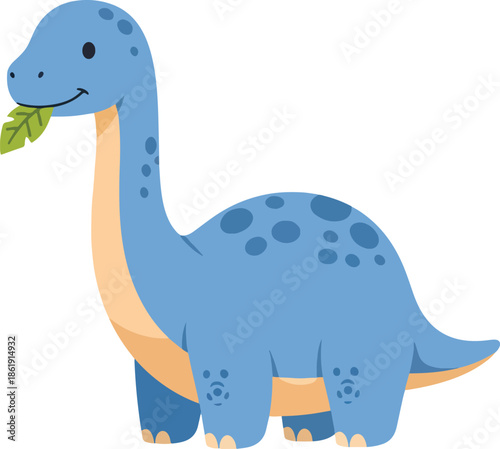 Cartoon blue longnecked dinosaur eating a green leaf against a white background
