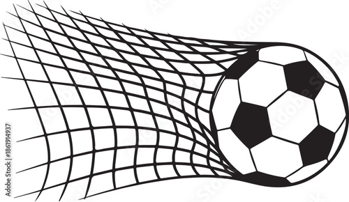 Soccer ball hitting goal net icon, football scoring moment vector illustration in black silhouette style