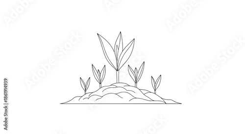 A detailed line art illustration of several young plants sprouting from a mound of fertile soil representing growth and new beginnings on white.