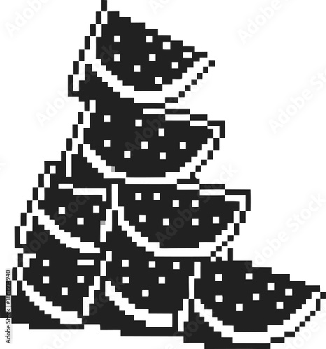Pixelated watermelon slice stack illustration, retro fruit icon in monochrome, minimal 8 bit summer food design