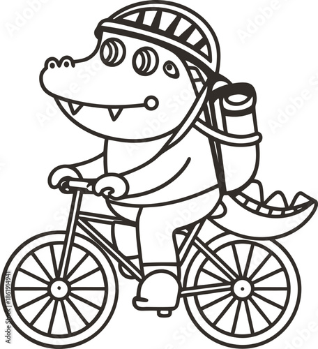 Cheerful crocodile character riding bicycle with helmet and backpack cute outline reptile cycling illustration for kids coloring and education