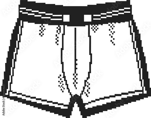 Pixel art men's boxer shorts with elastic waistband and fly, black and white digital underwear illustration