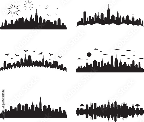 city skylines with various backgrounds and elements