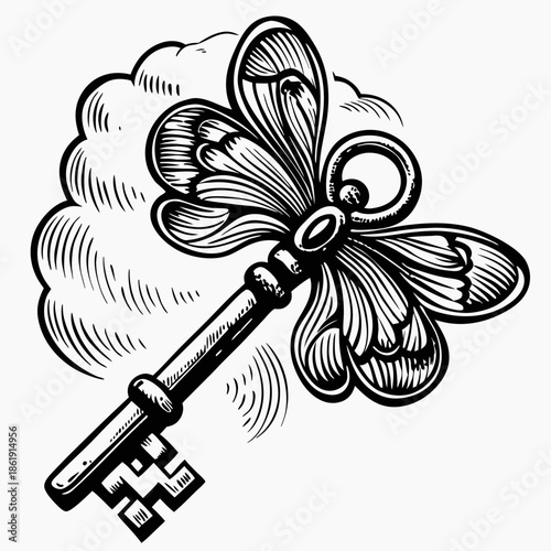vintage ornate key with butterfly wings and swirling cloud, hand drawn fantasy illustration in engraved monochrome