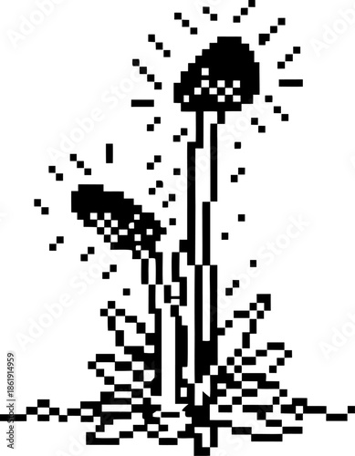 pixelated mushrooms growing in grass retro black and white digital icon, minimalist nature fungus design with sparkling accents