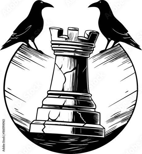 Two ravens facing a medieval rook chess tower gothic black and white emblem, mysterious intelligence, strategy and vigilance
