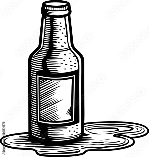 glass bottle with spilled liquid on surface detailed black and white sketch of beverage container and liquid puddle
