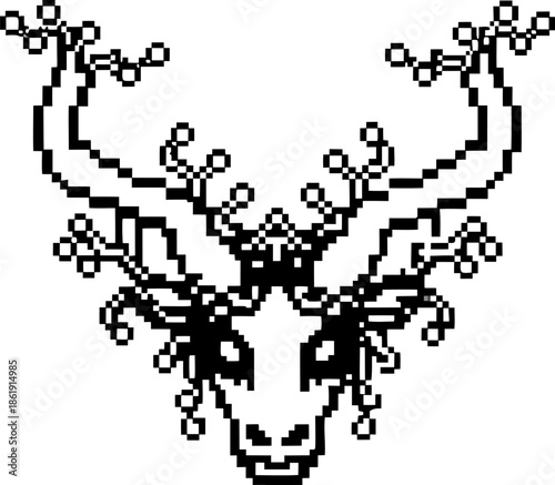 Pixel art deer head with branching antlers composed of geometric shapes and dots, black and white digital design