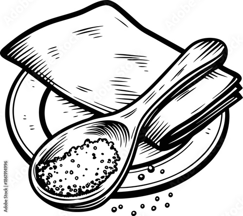 wooden spoon with coarse salt on plate, folded napkin beside seasoning, hand drawn kitchen ingredient illustration