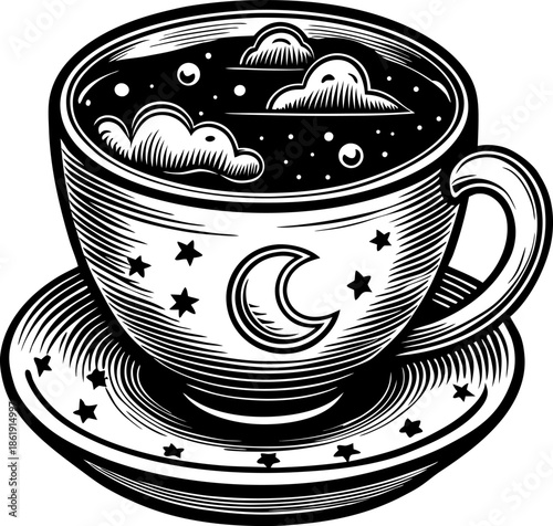 moon and stars cup with night sky inside surreal celestial tea cup illustration with clouds and stars on saucer