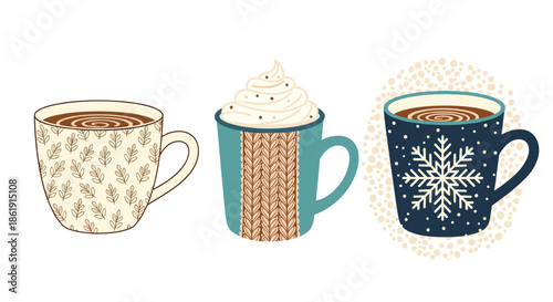 A cozy collection of three decorative mugs filled with coffee or hot chocolate some with patterns and whipped cream on a white background.