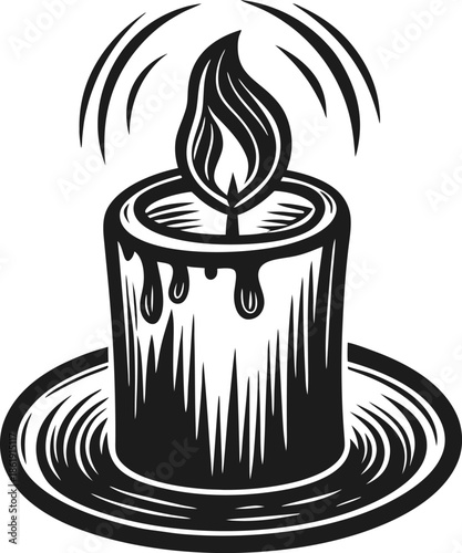Burning candle with dripping wax on a plate, hand drawn sketch illustration symbolizing light and warmth