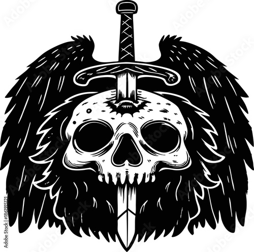 Skull pierced by sword with dark wings, gothic emblem of mortality and battle symbolism in black and white