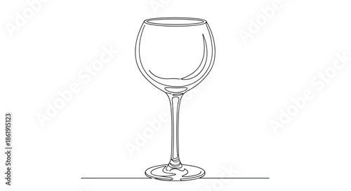 An elegant continuous one-line drawing of an empty red wine glass perfect for a restaurant menu or winery logo isolated on a white background.