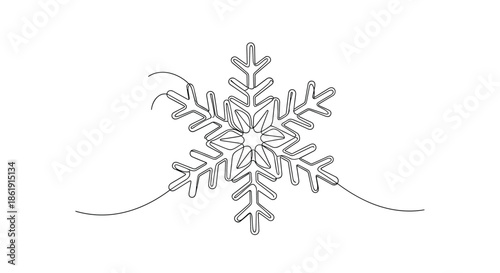 A delicate and intricate continuous one-line drawing of a single snowflake a beautiful symbol of winter and Christmas on a white background.