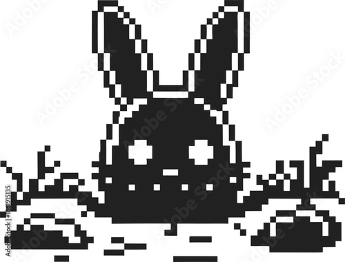 pixel art bunny character peeking out from underground with carrots and plants around it