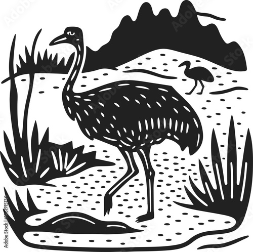 crane bird walking through wetlands with tall grass and distant hills in monochrome nature scene