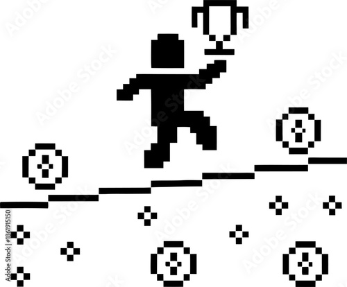 pixelated character balancing on a tightrope holding a trophy surrounded by floating coins and sparkles