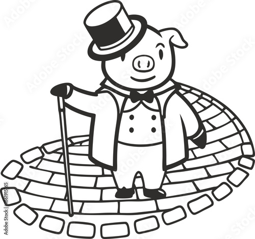 Elegant pig character wearing top hat and tuxedo standing with cane on cobblestone street