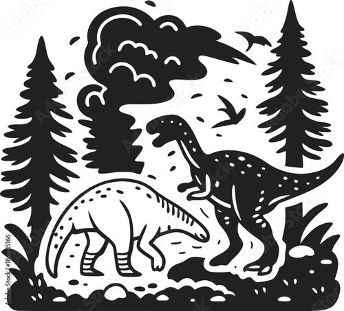 Dinosaurs in prehistoric forest with volcano eruption and flying pterosaurs background illustration