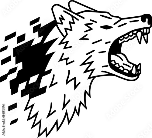 Roaring wolf head with pixelated effect, aggressive wild animal design symbol