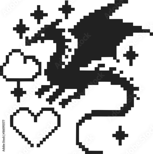 Pixel art dragon flying among stars with hearts and clouds, fantasy mythical creature digital illustration