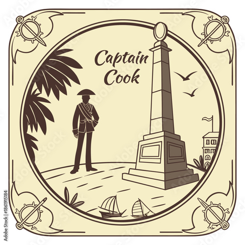 Captain Cook Monument Vintage Nautical Frame Vector Illustration