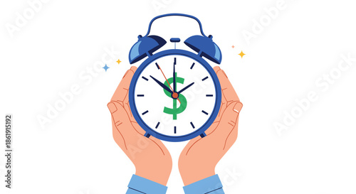 A conceptual illustration of hands holding a blue alarm clock with a dollar sign symbolizing the 'time is money' business concept on a white background.