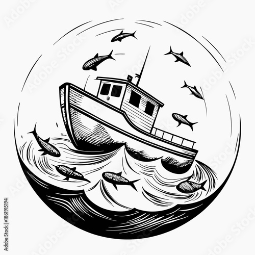 Fishing boat surrounded by fish swimming in circular waves, black and white marine illustration