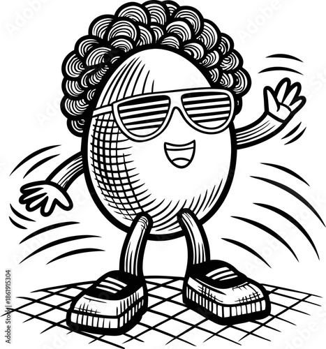 Dancing egg character with afro hairstyle and sunglasses, happy fun motion and playful vibe
