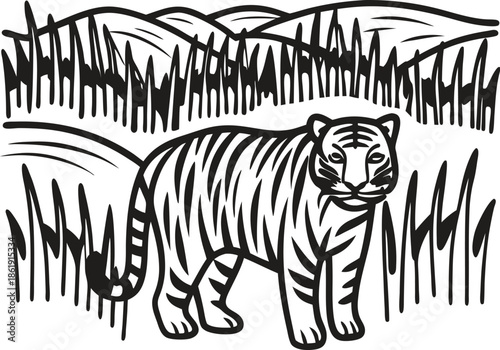 Tiger standing in tall grass with mountain landscape in the background, wildlife nature scene drawing