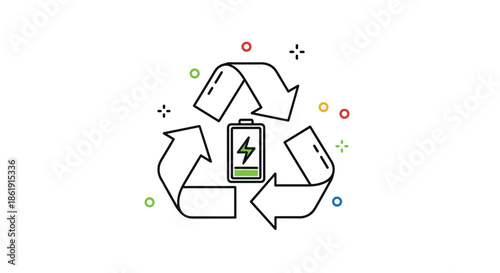 A modern line art icon of a battery inside a recycling symbol representing renewable energy and battery recycling on a white background.
