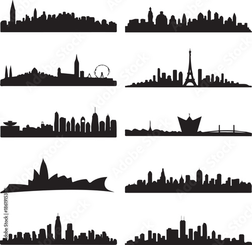city skylines from around the world in black silhouette on white background