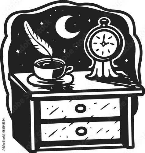 Nighttime desk scene with ink cup, quill feather, and vintage clock under crescent moon and stars