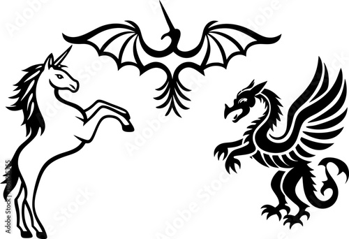 unicorn, phoenix, and dragon mythical creatures in black silhouette design with wings and fantasy elements