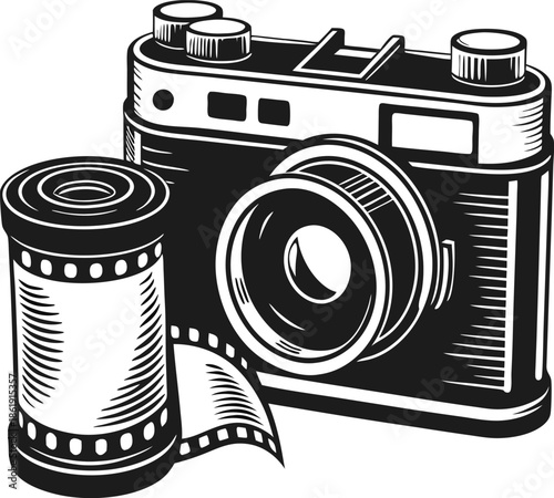 Vintage camera with film roll retro analog camera with lens and exposed film strip for classic