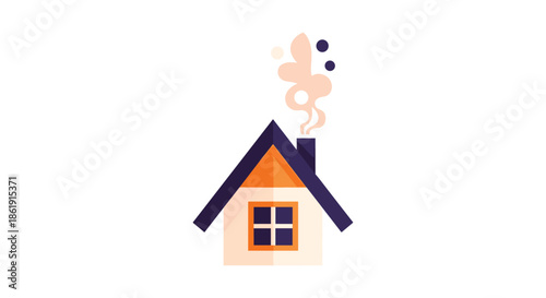 A simple and modern stylized illustration of a cozy house with abstract smoke coming from the chimney in a flat design on a white background.
