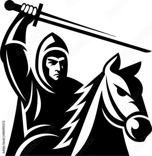 Medieval knight in armor raising sword on horseback, warrior ready for battle, chivalry and courage symbol