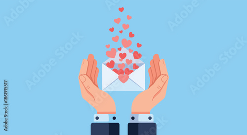 A heartwarming illustration of two hands holding an open envelope with a stream of pink hearts flying out representing love and charity on a blue background.
