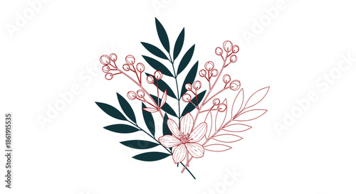 An elegant botanical illustration of a floral bouquet with dark green leaves and delicate red line art flowers and berries on a white background.