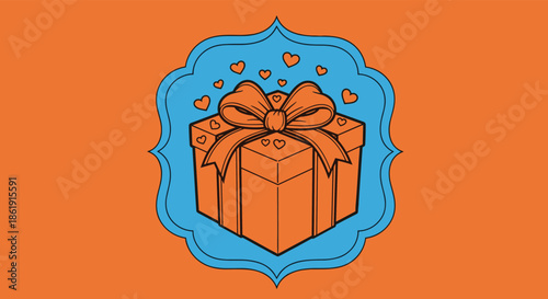 A festive illustration of a gift box with a bow and floating hearts inside an ornate blue frame against a solid orange background for celebrations.